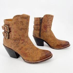 Lucchese Catalina Tan Floral Distressed Calfskin Leather Western Bootie size 6.5